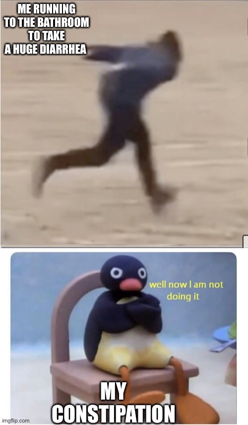 ME RUNNING TO THE BATHROOM TO TAKE A HUGE DIARRHEA; MY CONSTIPATION | image tagged in well now i am not doing it,run | made w/ Imgflip meme maker