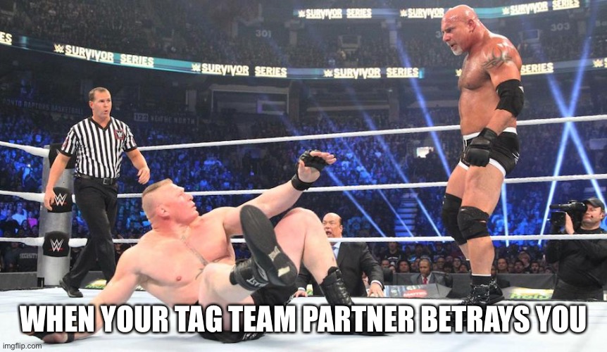 wwe | WHEN YOUR TAG TEAM PARTNER BETRAYS YOU | image tagged in wwe | made w/ Imgflip meme maker