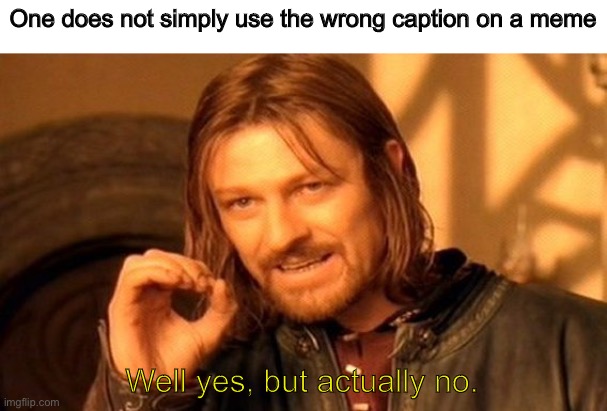 One Does Not Simply | One does not simply use the wrong caption on a meme; Well yes, but actually no. | image tagged in memes,one does not simply | made w/ Imgflip meme maker