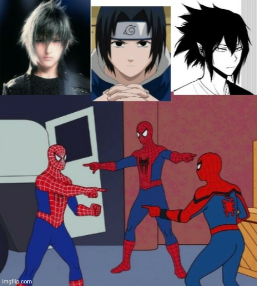 Oh no, they're here | image tagged in final fantasy,sasuke,my hero academia,spiderman pointing at spiderman | made w/ Imgflip meme maker