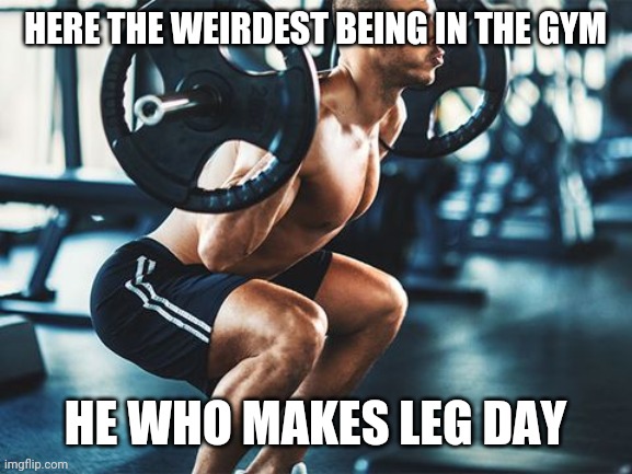 Never skip leg day | HERE THE WEIRDEST BEING IN THE GYM; HE WHO MAKES LEG DAY | image tagged in leg day,skip leg day,never skip leg day,leg day gym | made w/ Imgflip meme maker