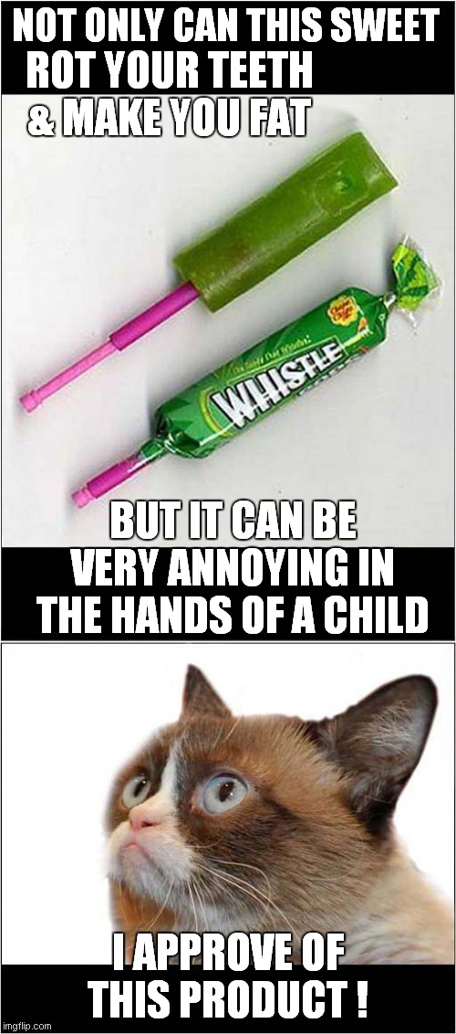 Grumpys Sweet Recommendation | NOT ONLY CAN THIS SWEET; ROT YOUR TEETH & MAKE YOU FAT; BUT IT CAN BE VERY ANNOYING IN THE HANDS OF A CHILD; I APPROVE OF THIS PRODUCT ! | image tagged in fun,grumpy cat,sweets,whistle | made w/ Imgflip meme maker