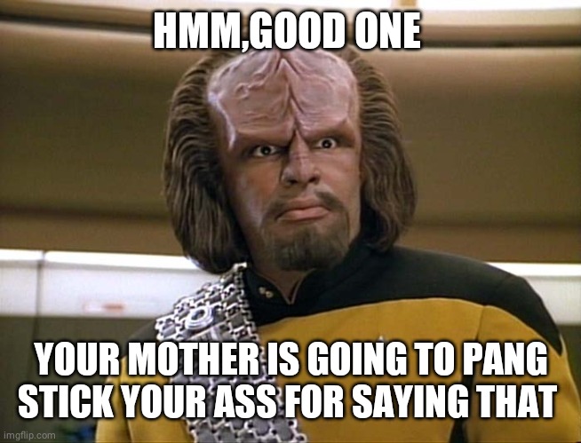 Lt Worf - Say What? | HMM,GOOD ONE YOUR MOTHER IS GOING TO PANG STICK YOUR ASS FOR SAYING THAT | image tagged in lt worf - say what | made w/ Imgflip meme maker