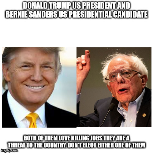 Trump and Sanders. Anti-American stooges. | image tagged in bernie sanders,donald trump,election 2020,republican party,democratic party,communist socialist | made w/ Imgflip meme maker