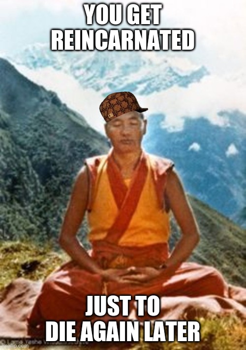 Buddhist monk | YOU GET REINCARNATED JUST TO DIE AGAIN LATER | image tagged in buddhist monk | made w/ Imgflip meme maker