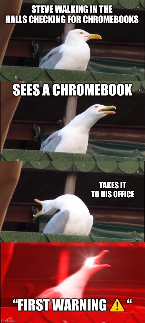 Inhaling Seagull Meme | STEVE WALKING IN THE HALLS CHECKING FOR CHROMEBOOKS; SEES A CHROMEBOOK; TAKES IT TO HIS OFFICE; “FIRST WARNING ⚠️ “ | image tagged in memes,inhaling seagull | made w/ Imgflip meme maker