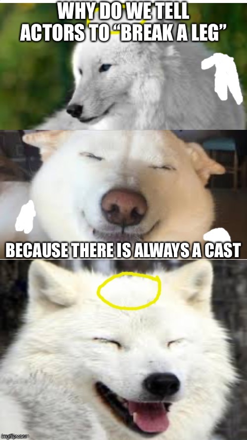 Bad pun Angel-Wolf | WHY DO WE TELL ACTORS TO “BREAK A LEG”; BECAUSE THERE IS ALWAYS A CAST | image tagged in bad pug angel-wolf | made w/ Imgflip meme maker