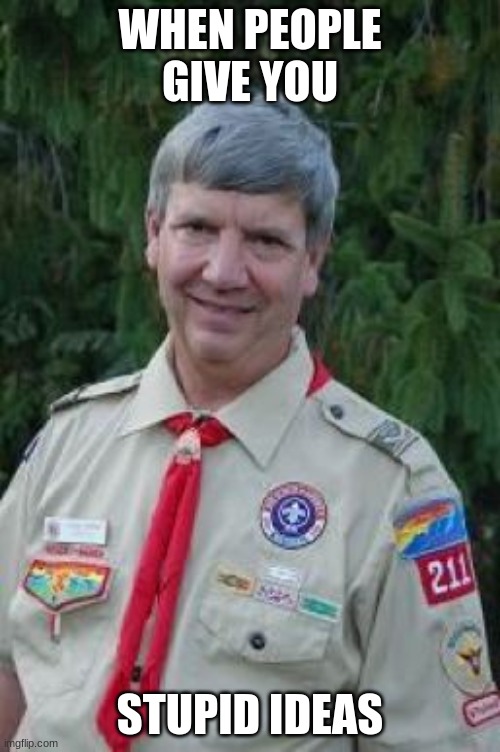 Harmless Scout Leader Meme | WHEN PEOPLE GIVE YOU; STUPID IDEAS | image tagged in memes,harmless scout leader | made w/ Imgflip meme maker