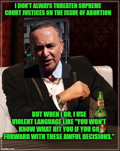 The Most Threatening Man in the Senate | I DON'T ALWAYS THREATEN SUPREME COURT JUSTICES ON THE ISSUE OF ABORTION; BUT WHEN I DO, I USE VIOLENT LANGUAGE LIKE "YOU WON'T KNOW WHAT HIT YOU IF YOU GO FORWARD WITH THESE AWFUL DECISIONS." | image tagged in chuck schumer,scotus,abortion | made w/ Imgflip meme maker