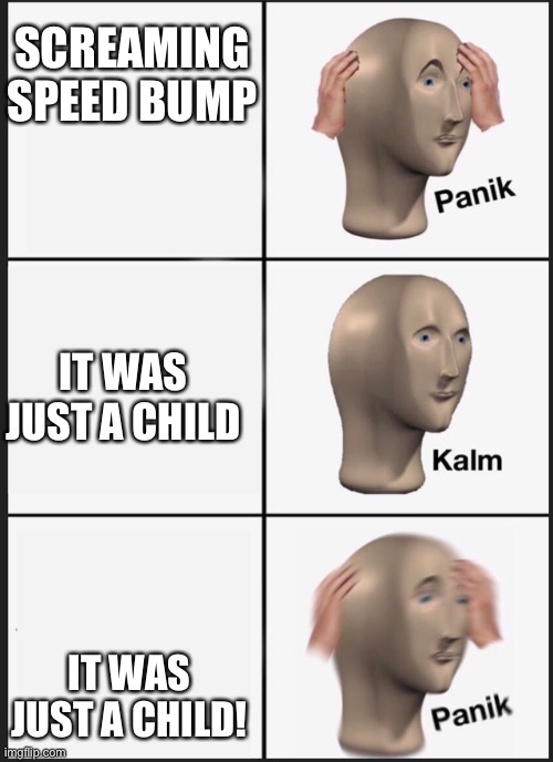 Panik Kalm Panik Meme | SCREAMING SPEED BUMP IT WAS JUST A CHILD! IT WAS JUST A CHILD | image tagged in panik kalm | made w/ Imgflip meme maker