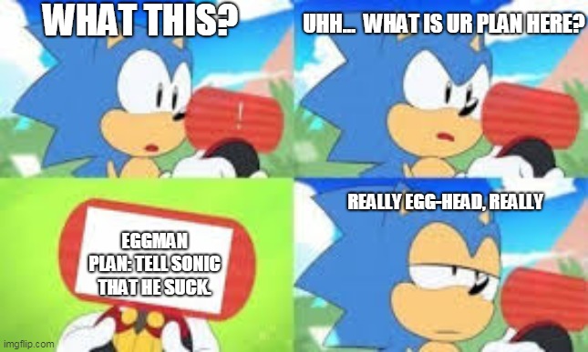 Sonic | WHAT THIS? UHH...  WHAT IS UR PLAN HERE? REALLY EGG-HEAD, REALLY; EGGMAN PLAN: TELL SONIC THAT HE SUCK. | image tagged in sonic | made w/ Imgflip meme maker