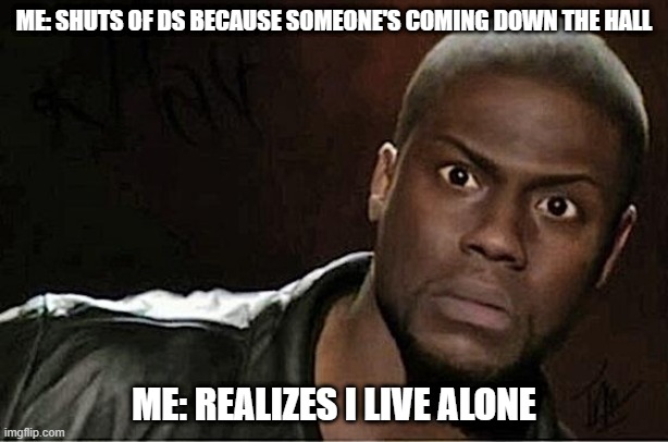 Kevin Hart | ME: SHUTS OF DS BECAUSE SOMEONE'S COMING DOWN THE HALL; ME: REALIZES I LIVE ALONE | image tagged in memes,kevin hart | made w/ Imgflip meme maker