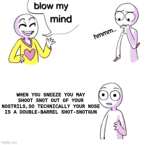 Blow my mind |  WHEN YOU SNEEZE YOU MAY SHOOT SNOT OUT OF YOUR NOSTRILS,SO TECHNICALLY YOUR NOSE IS A DOUBLE-BARREL SHOT-SNOTGUN | image tagged in blow my mind | made w/ Imgflip meme maker