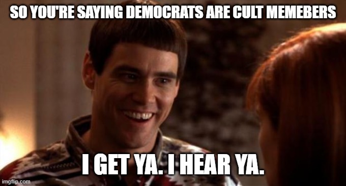 So you're saying there's a chance | SO YOU'RE SAYING DEMOCRATS ARE CULT MEMEBERS I GET YA. I HEAR YA. | image tagged in so you're saying there's a chance | made w/ Imgflip meme maker