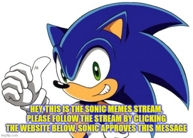Sonic The Hedgehog Approves |  HEY, THIS IS THE SONIC MEMES STREAM, PLEASE FOLLOW THE STREAM BY CLICKING THE WEBSITE BELOW, SONIC APPROVES THIS MESSAGE | image tagged in sonic the hedgehog approves | made w/ Imgflip meme maker