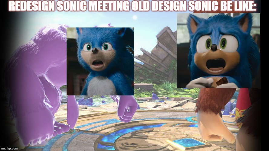 Old sonic: "Uhhhh meow?" Redesign Sonic: "AAAAAAAAAAAAAAAAAAAAAAAAA" | REDESIGN SONIC MEETING OLD DESIGN SONIC BE LIKE: | image tagged in donkey kong sees himself and freaks out,sonic the hedgehog,sonic movie | made w/ Imgflip meme maker