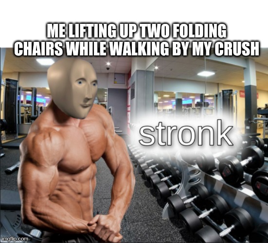stronks | ME LIFTING UP TWO FOLDING CHAIRS WHILE WALKING BY MY CRUSH | image tagged in stronks | made w/ Imgflip meme maker
