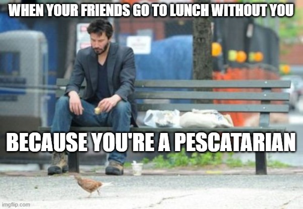 Sad Keanu Meme | WHEN YOUR FRIENDS GO TO LUNCH WITHOUT YOU; BECAUSE YOU'RE A PESCATARIAN | image tagged in memes,sad keanu | made w/ Imgflip meme maker