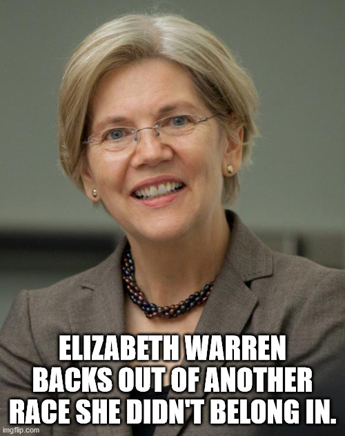 Elizabeth Warren | ELIZABETH WARREN BACKS OUT OF ANOTHER RACE SHE DIDN'T BELONG IN. | image tagged in elizabeth warren | made w/ Imgflip meme maker