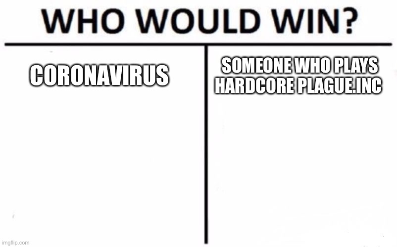 Who Would Win? Meme | CORONAVIRUS; SOMEONE WHO PLAYS HARDCORE PLAGUE.INC | image tagged in memes,who would win | made w/ Imgflip meme maker