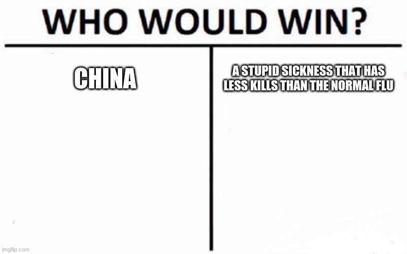 Who Would Win? | CHINA; A STUPID SICKNESS THAT HAS LESS KILLS THAN THE NORMAL FLU | image tagged in memes,who would win | made w/ Imgflip meme maker