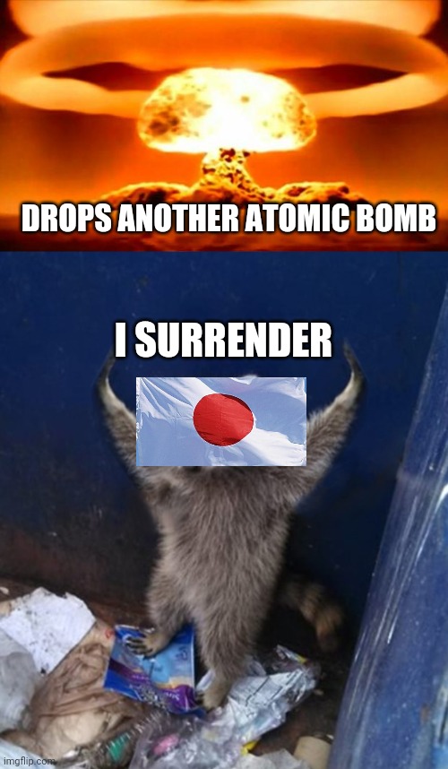 DROPS ANOTHER ATOMIC BOMB I SURRENDER | image tagged in atomic bomb,trash panda surrenders | made w/ Imgflip meme maker