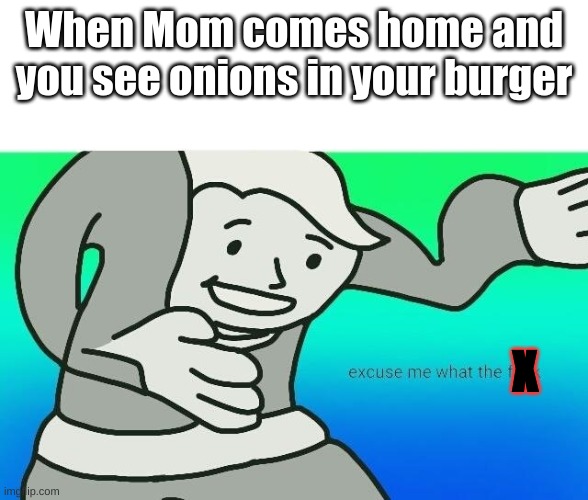 excuse me what the nonoword | When Mom comes home and you see onions in your burger; X | image tagged in excuse me what the fuck | made w/ Imgflip meme maker