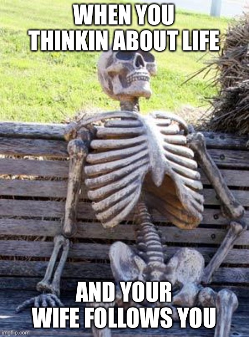 Waiting Skeleton | WHEN YOU THINKING ABOUT LIFE; AND YOUR WIFE FOLLOWS YOU | image tagged in memes,waiting skeleton | made w/ Imgflip meme maker
