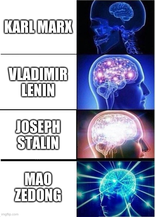 Expanding Brain | KARL MARX; VLADIMIR LENIN; JOSEPH STALIN; MAO ZEDONG | image tagged in memes,expanding brain | made w/ Imgflip meme maker