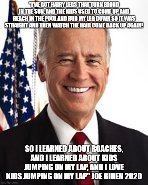 Joe Biden Meme | "I'VE GOT HAIRY LEGS THAT TURN BLOND IN THE SUN, AND THE KIDS USED TO COME UP AND REACH IN THE POOL AND RUB MY LEG DOWN SO IT WAS STRAIGHT AND THEN WATCH THE HAIR COME BACK UP AGAIN! SO I LEARNED ABOUT ROACHES, AND I LEARNED ABOUT KIDS JUMPING ON MY LAP, AND I LOVE KIDS JUMPING ON MY LAP" JOE BIDEN 2020 | image tagged in memes,joe biden | made w/ Imgflip meme maker