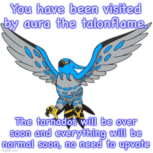 You have been visited by aura the talonflame. The tornados will be over soon and everything will be normal soon, no need to upvote | image tagged in aura the talonflame | made w/ Imgflip meme maker