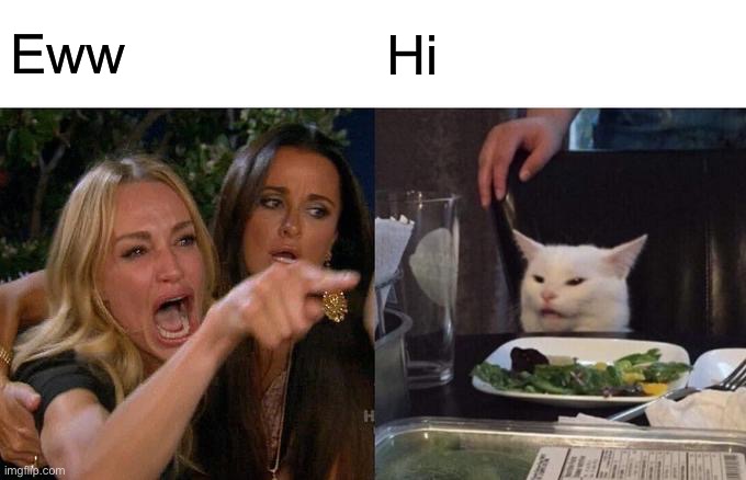 Woman Yelling At Cat | Eww; Hi | image tagged in memes,woman yelling at cat | made w/ Imgflip meme maker