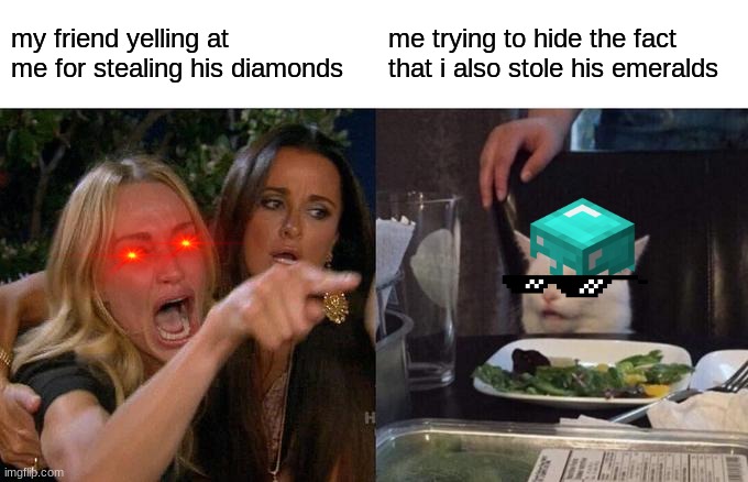 Woman Yelling At Cat Meme | my friend yelling at me for stealing his diamonds; me trying to hide the fact that i also stole his emeralds | image tagged in memes,woman yelling at cat | made w/ Imgflip meme maker