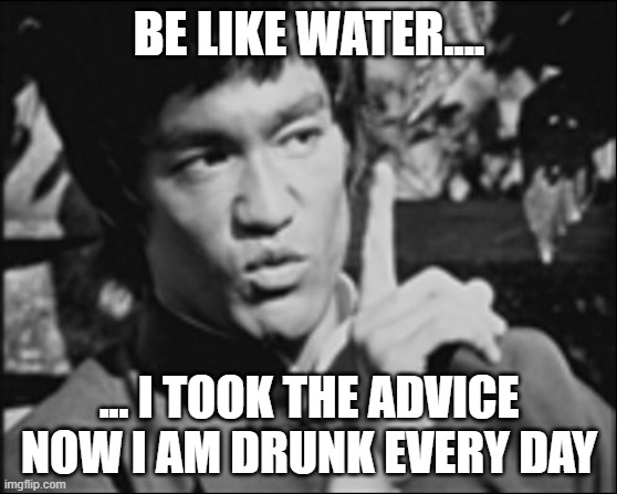 One Bruce Lee | BE LIKE WATER.... ... I TOOK THE ADVICE
NOW I AM DRUNK EVERY DAY | image tagged in one bruce lee | made w/ Imgflip meme maker