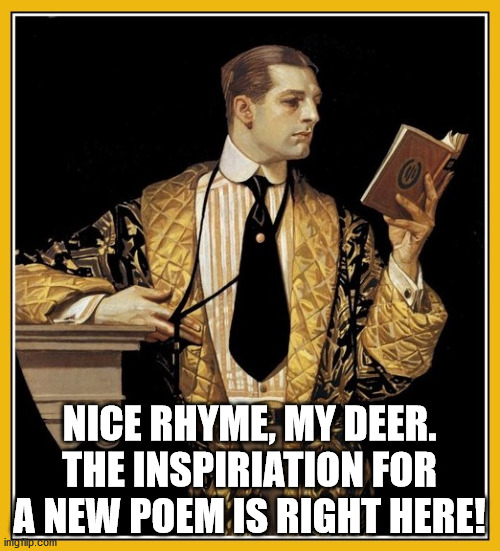 Poetry dude | NICE RHYME, MY DEER. THE INSPIRIATION FOR A NEW POEM IS RIGHT HERE! | image tagged in poetry dude | made w/ Imgflip meme maker