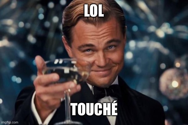 Leonardo Dicaprio Cheers Meme | LOL TOUCHÉ | image tagged in memes,leonardo dicaprio cheers | made w/ Imgflip meme maker