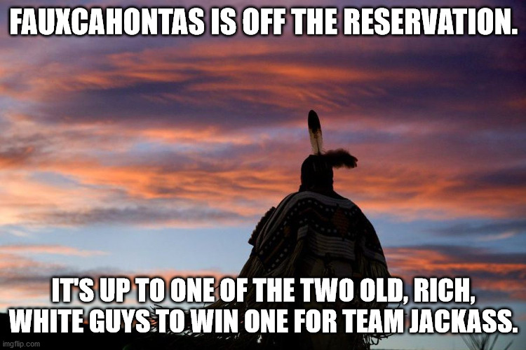 FAUXCAHONTAS IS OFF THE RESERVATION. IT'S UP TO ONE OF THE TWO OLD, RICH, WHITE GUYS TO WIN ONE FOR TEAM JACKASS. | image tagged in elizabeth warren | made w/ Imgflip meme maker