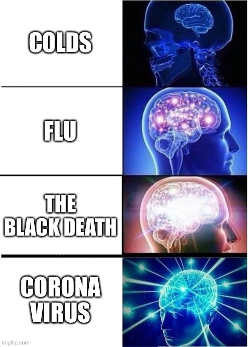 Expanding Brain | COLDS; FLU; THE BLACK DEATH; CORONA VIRUS | image tagged in memes,expanding brain | made w/ Imgflip meme maker