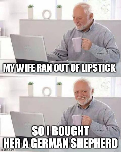 Hide the Pain Harold | MY WIFE RAN OUT OF LIPSTICK; SO I BOUGHT HER A GERMAN SHEPHERD | image tagged in memes,hide the pain harold | made w/ Imgflip meme maker