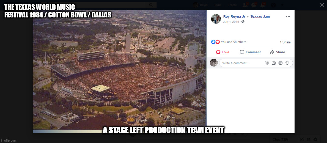 the COTTON BOWL stadium | THE TEXXAS WORLD MUSIC FESTIVAL 1984 / COTTON BOWL / DALLAS; A STAGE LEFT PRODUCTION TEAM EVENT | image tagged in the cotton bowl stadium | made w/ Imgflip meme maker
