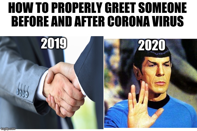 It's Logical | HOW TO PROPERLY GREET SOMEONE

BEFORE AND AFTER CORONA VIRUS; 2019; 2020 | image tagged in coronavirus,meme,greetings | made w/ Imgflip meme maker