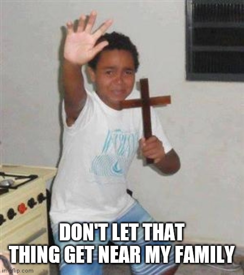 Scared Kid | DON'T LET THAT THING GET NEAR MY FAMILY | image tagged in scared kid | made w/ Imgflip meme maker
