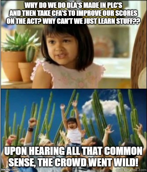 WHY DO WE DO DLA'S MADE IN PLC'S AND THEN TAKE CFA'S TO IMPROVE OUR SCORES ON THE ACT? WHY CAN'T WE JUST LEARN STUFF?? UPON HEARING ALL THAT COMMON SENSE, THE CROWD WENT WILD! | image tagged in school | made w/ Imgflip meme maker