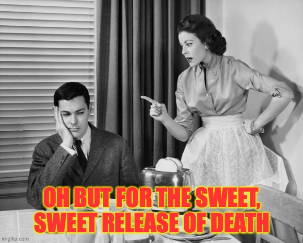 Nag Marrage | OH BUT FOR THE SWEET, SWEET RELEASE OF DEATH | image tagged in nag marrage | made w/ Imgflip meme maker