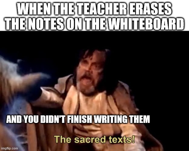 The sacred texts! | WHEN THE TEACHER ERASES THE NOTES ON THE WHITEBOARD; AND YOU DIDN'T FINISH WRITING THEM | image tagged in the sacred texts | made w/ Imgflip meme maker
