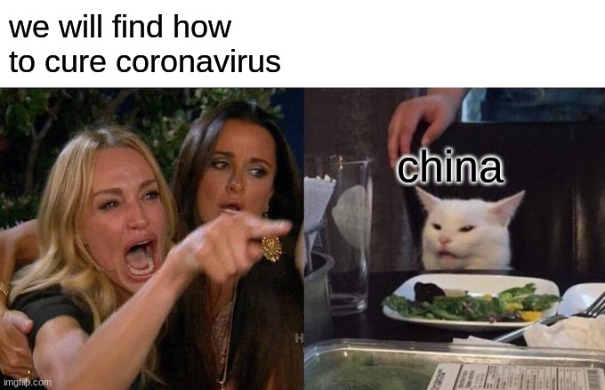 Woman Yelling At Cat | we will find how to cure coronavirus; china | image tagged in memes,woman yelling at cat,china,coronavirus,not sure if,repost | made w/ Imgflip meme maker