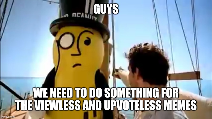 Mr peanut | GUYS; WE NEED TO DO SOMETHING FOR THE VIEWLESS AND UPVOTELESS MEMES | image tagged in mr peanut | made w/ Imgflip meme maker