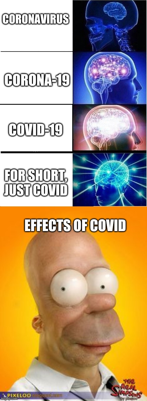 CORONA-19; CORONAVIRUS; COVID-19; FOR SHORT, JUST COVID; EFFECTS OF COVID | image tagged in memes,expanding brain | made w/ Imgflip meme maker