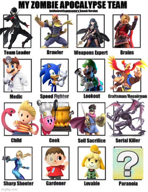 Here’s my zombie apocalypse team for Smash! | betthebrettisawesome’s Smash Version | image tagged in zombie apocalypse team extended | made w/ Imgflip meme maker