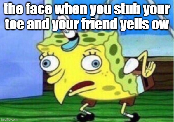 Mocking Spongebob | the face when you stub your toe and your friend yells ow | image tagged in memes,mocking spongebob | made w/ Imgflip meme maker